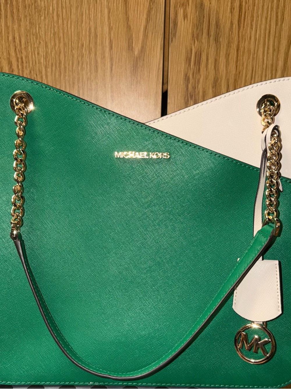 Michael Kors Jet Set Green, Mint, & Cream Saffiano Tote Bag with Gold Chain
